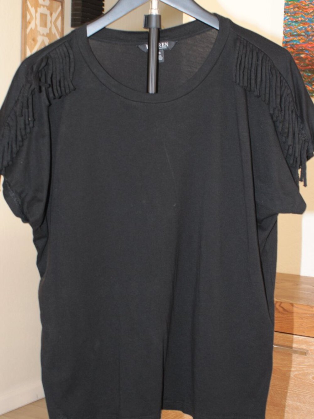 Lauren Ralph Lauren Black Fringe Shoulder T-Shirt Size Large